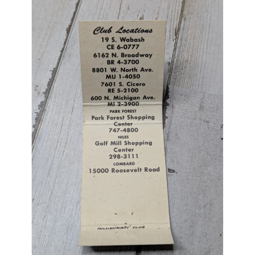 Vintage‎ Matchbook Cover Millionaire's Club Chicago You Can't Afford Not To Join